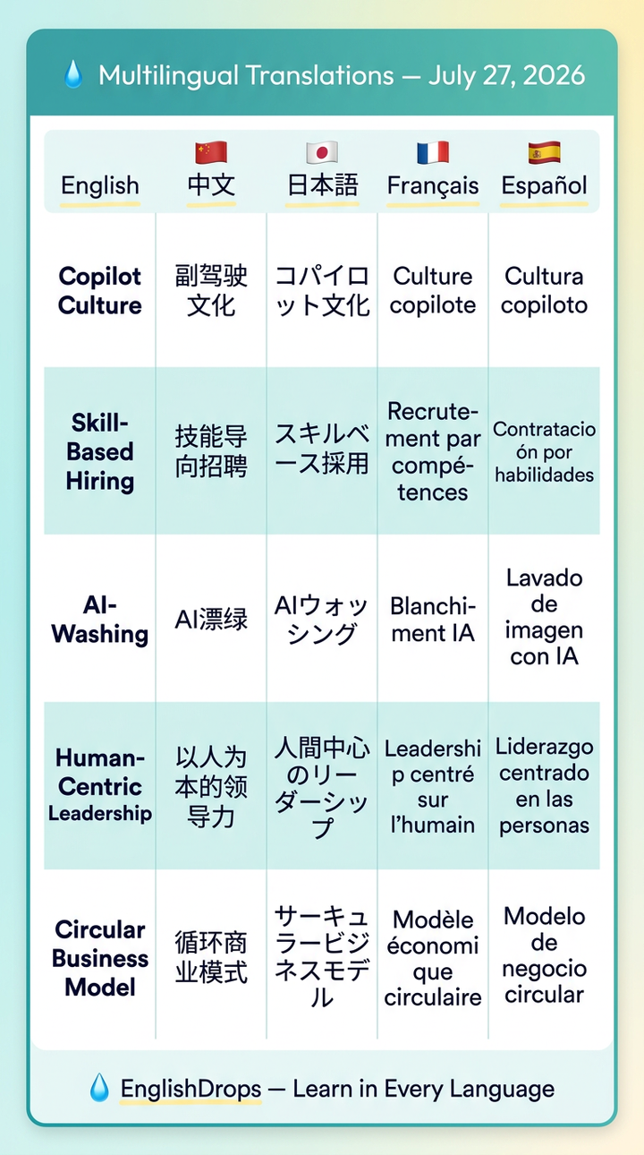 Multilingual translation card — Chinese, Japanese, French, and Spanish translations