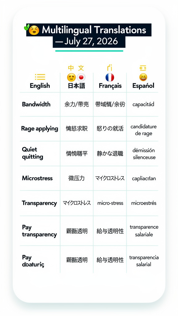Multilingual translation card showing all 5 words in Chinese, Japanese, French, and Spanish
