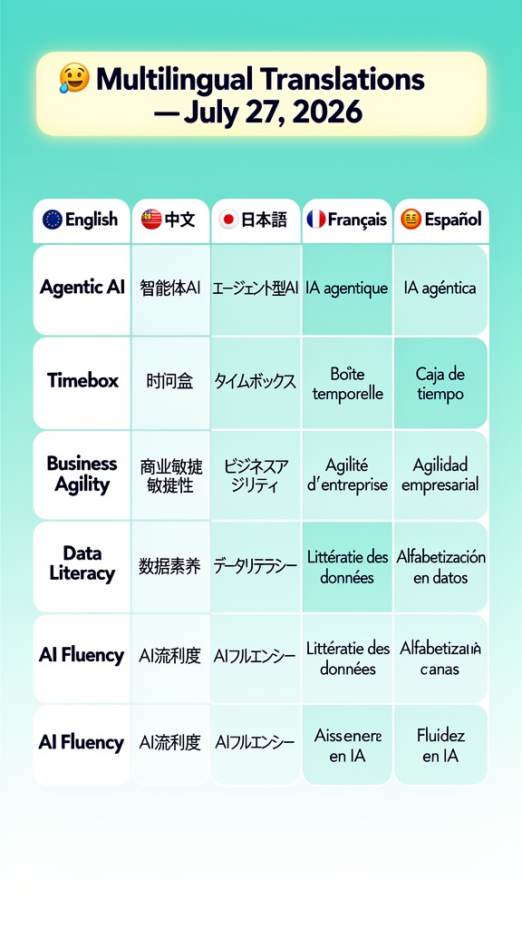 Multilingual translation card showing all 5 words in Chinese, Japanese, French, and Spanish